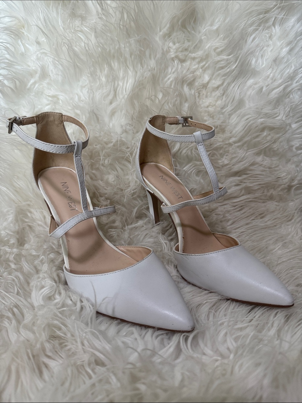 Nine West White Pointed T-Strap Heels